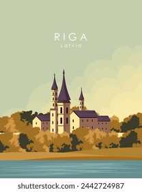 Vector illustration. Latvia, Riga. Poster design, banner, postcard, cover, packaging. Modern style. Cartoon style. Tourism, travel.