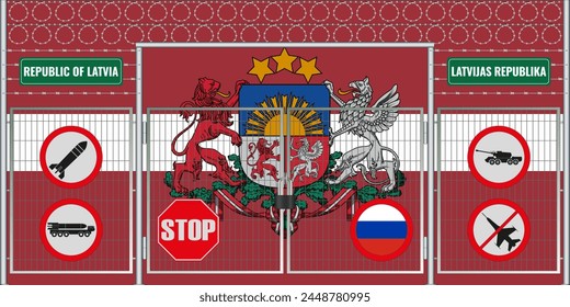 Vector illustration of the Latvian flag under the lattice. The concept of isolationism. No war.
