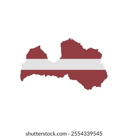 Vector illustration of Latvia's map overlaid with the national flag, highlighting the country's geographic outline combined with its national colors.