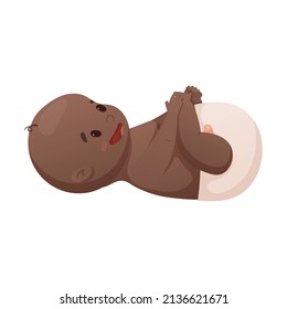 Vector illustration of a laughing African American newborn baby in a diaper lying on his back.