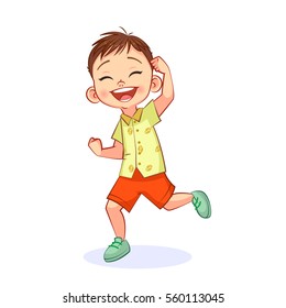 Vector illustration of the laughing boy making gesture of the winner in a jump. Happy child character.