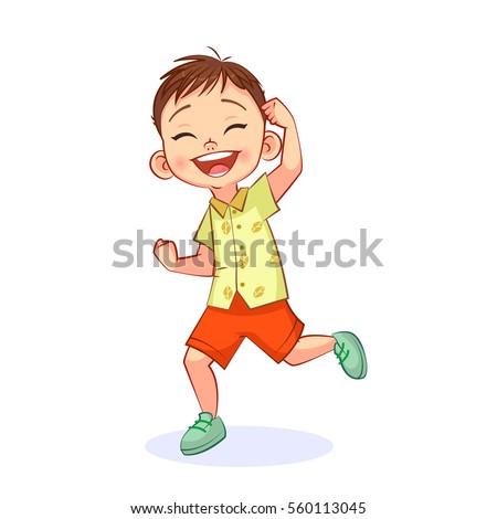 Vector illustration of the laughing boy making gesture of the winner in a jump. Happy child character.