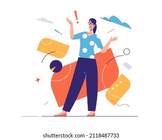 Vector illustration of laughing cheerful young woman expresses emotions. Editable stroke, global swatches.