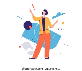 Vector illustration of laughing cheerful young woman expresses emotions. Editable stroke, global swatches.
