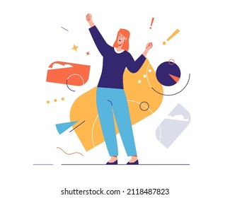 Vector illustration of laughing cheerful young woman expresses emotions. Editable stroke, global swatches.