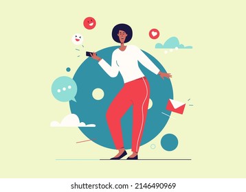 Vector illustration of laughing cheerful young woman with smartphone. Editable stroke.