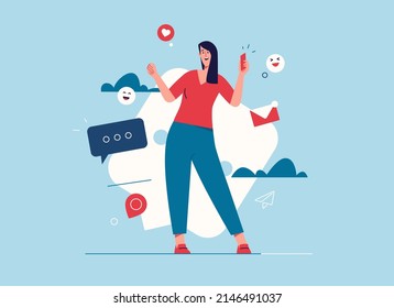 Vector illustration of laughing cheerful young woman with smartphone. Editable stroke.