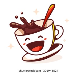 Vector illustration of laughing cup of coffee with spoon on white background. Hand drawn line art design for web, site, advertising, banner, poster, board and print.  