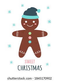 ilustración vectorial de un hombre de pan jengibre riéndose con sombrero azul de santa Claus aislado en fondo blanco, tarjeta navideña