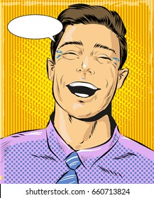 Vector illustration of laughing man, speech bubble. Happy face, positive emotion in retro pop art comic style.