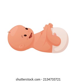 Vector illustration of a laughing newborn baby in a diaper lies on his back isolated on white.