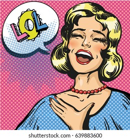 Vector illustration of laughing out loud woman with closed eyes. Pop art young lady and comic speech bubble Lol.