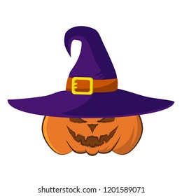 Vector illustration of the laughing pumpkin in a hat on a white background. Cheerful Jack in a witch hat. Happy Halloween. Holiday October 31. Vector color illustration.