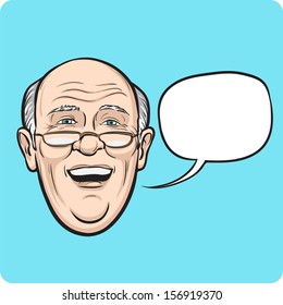 Vector illustration of laughing senior man with speech bubble. Easy-edit layered vector EPS10 file scalable to any size without quality loss. High resolution raster JPG file is included. 