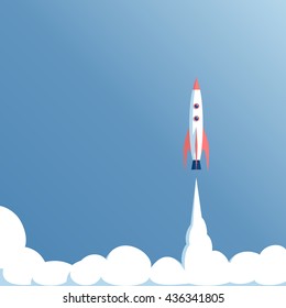 vector illustration launch the spacecraft or spaceship on a blue background, spacecraft takeoff, startup concept