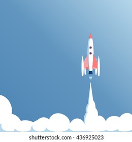 vector illustration launch spaceship in a blue sky, spacecraft takeoff, startup concept