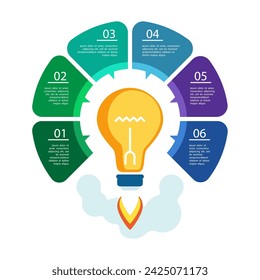 Ilustración vectorial. Lanzamiento de una bombilla con una idea de negocio, infografías. Diseño colorido y marketing, números con texto. Se puede utilizar para crear procesos de negocio en funcionamiento, SEO. SERP, Finanzas