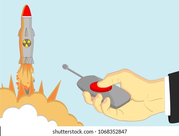 Vector illustration of launching nuclear missile with exposions by pressing the red alarm button on console by hand of politician.