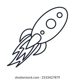 Vector illustration of launching rocket in linear style. Science, discovery, and space symbol. Astronomy and communication element