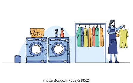 Vector illustration of laundry activity working. Modern flat in continuous line style.