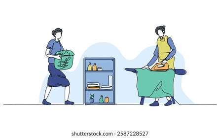 Vector illustration of laundry activity working. Modern flat in continuous line style.