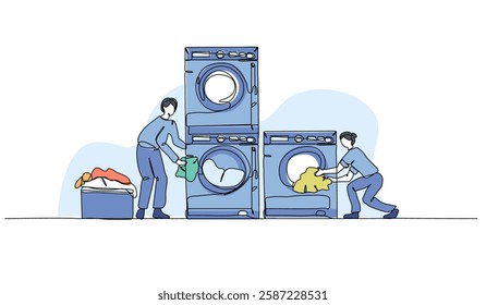 Vector illustration of laundry activity working. Modern flat in continuous line style.