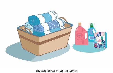   Ilustração vetorial do cesto de roupa suja preenchido com toalhas limpas dobradas. Detergentes e condicionador próximos. Clipart de estilo de desenho animado plano perfeito para casa de banho, higiene e temas domésticos