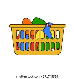 Vector illustration of laundry basket. Thin line icon of loundry basket with dirty clothes