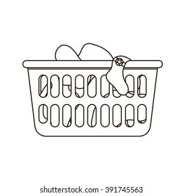 Vector illustration of laundry basket. Thin line icon of loundry basket with dirty clothes. Black and white