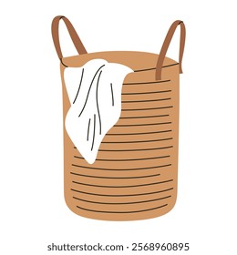 Vector illustration of laundry basket with towel. Flat, cartoon, minimalist design for laundry, clothing care, household, or home organization themes. Stylish and functional, isolated colored clipart