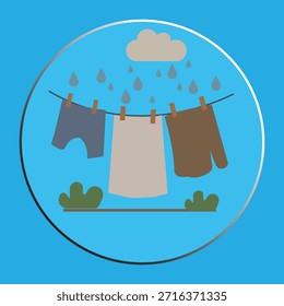 Ilustración vectorial de ropa colgada en un tendedero afuera bajo la lluvia