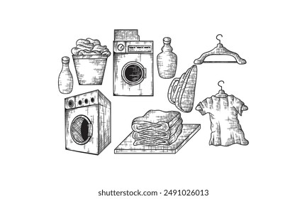 Vector illustration of a laundry icons set. Different objects: iron, towels pile, soap bubbles, hanger, washing machine, washing chemicals bottles as gel and softener, laundry basket, clothespin.