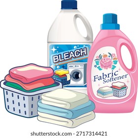 Ilustración vectorial de productos de lavandería, toallas dobladas y cestas en un estilo limpio y colorido