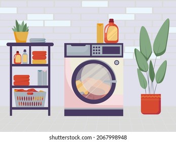 Vector illustration of laundry room in flat modern design. The concept of washing in a laundry, styling with detergents and clean linen. Washing machine in the laundry room.