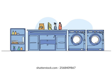 Vector illustration of laundry room ideas. Modern flat in continuous line style.