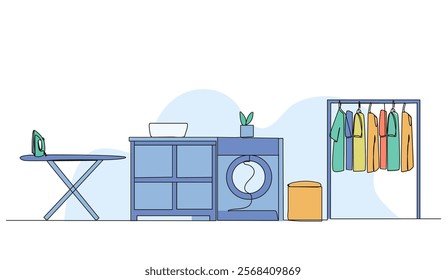 Vector illustration of laundry room ideas. Modern flat in continuous line style.