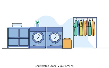 Vector illustration of laundry room ideas. Modern flat in continuous line style.