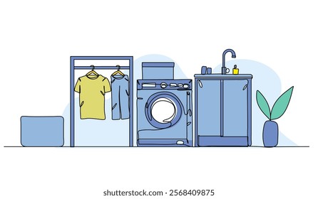 Vector illustration of laundry room ideas. Modern flat in continuous line style.