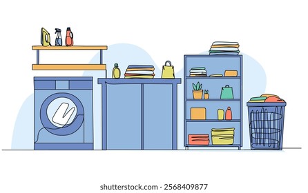 Vector illustration of laundry room ideas. Modern flat in continuous line style.