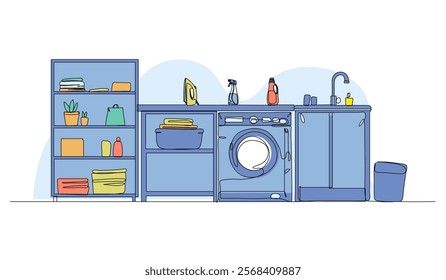 Vector illustration of laundry room ideas. Modern flat in continuous line style.