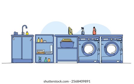 Vector illustration of laundry room ideas. Modern flat in continuous line style.