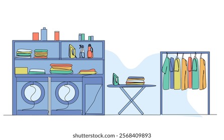 Vector illustration of laundry room ideas. Modern flat in continuous line style.