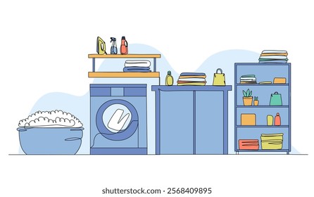 Vector illustration of laundry room ideas. Modern flat in continuous line style.