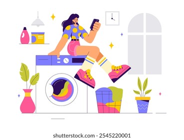 Vector Illustration of a Laundry Room with Washing and Drying Machines, a Basket Filled with Dirty Clothes in a Flat Style Cartoon Background