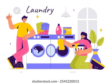 Vector Illustration of a Laundry Room with Washing and Drying Machines, a Basket Filled with Dirty Clothes in a Flat Style Cartoon Background