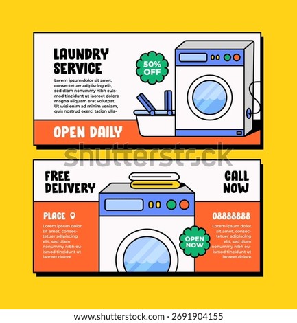 Vector illustration of a laundry service banner featuring washing machines, folded clothes, and promotional text. Perfect for advertisements, cleaning service marketing, and small business branding