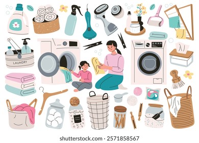 Vector illustration of laundry set, cute cartoon characters, woman and girl do laundry. Washing machines, detergent, towels, doodle baskets, cleaning tools for home, household and fabric care