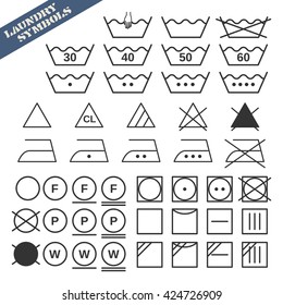 Vector illustration of laundry symbols set. 45 isolated black silhouette icons with text sign. Fully editable file for your projects.