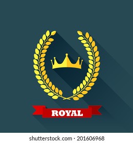 vector illustration with laurel wreath and crown in flat design with long shadow
