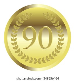 Vector illustration of Laurel wreath on a gold background. Anniversary - 90.